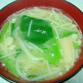 小松菜ともやし、エノキの味噌汁